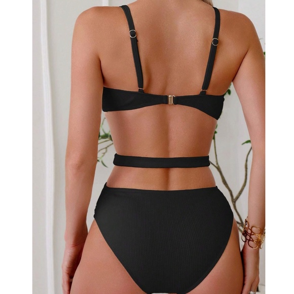 Black Cut out Tie Back Push Up One Piece Monokini Swim - Picture 2 of 6